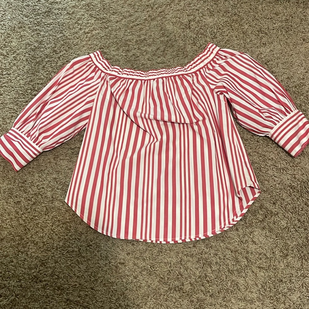 Red and white striped off then shoulder blouse